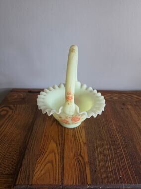 Vintage Fenton Satin Custard Uranium Glass Ruffled Basket Hand Painted SIGNED